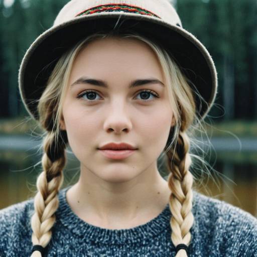 Young Woman with Twin Braids and Hat