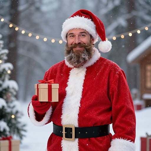 Photograph of a bearded, middle-aged man in a red Santa suit holding a wrapped gift, standing in a snowy, festive outdoor setting with string