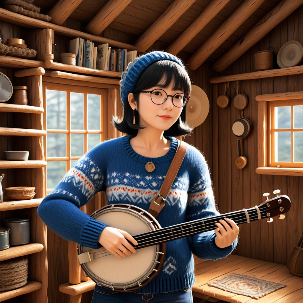 Cozy Cabin Folk Musician Illustration