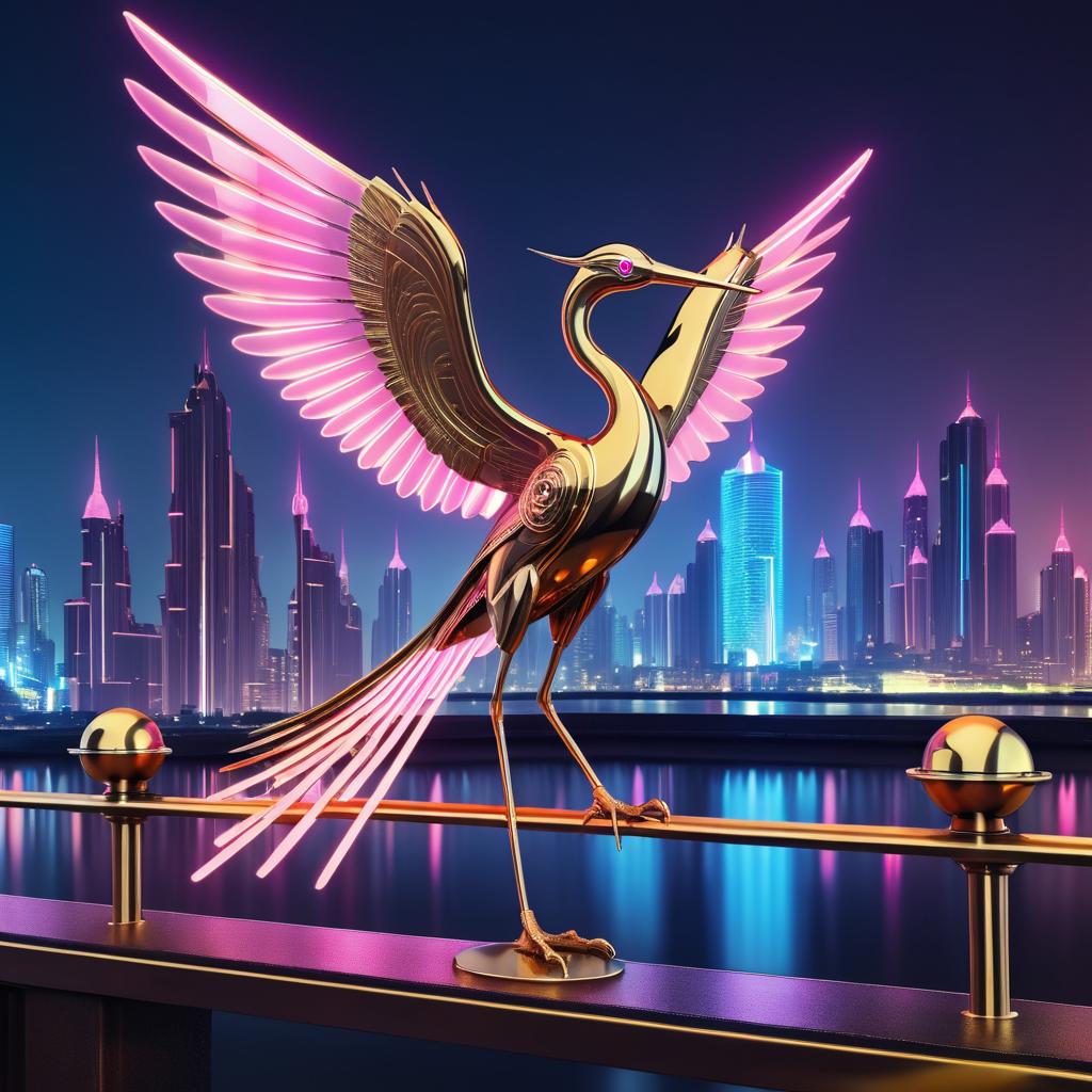 Art-Deco Android Heron in Cyberpunk Skyline