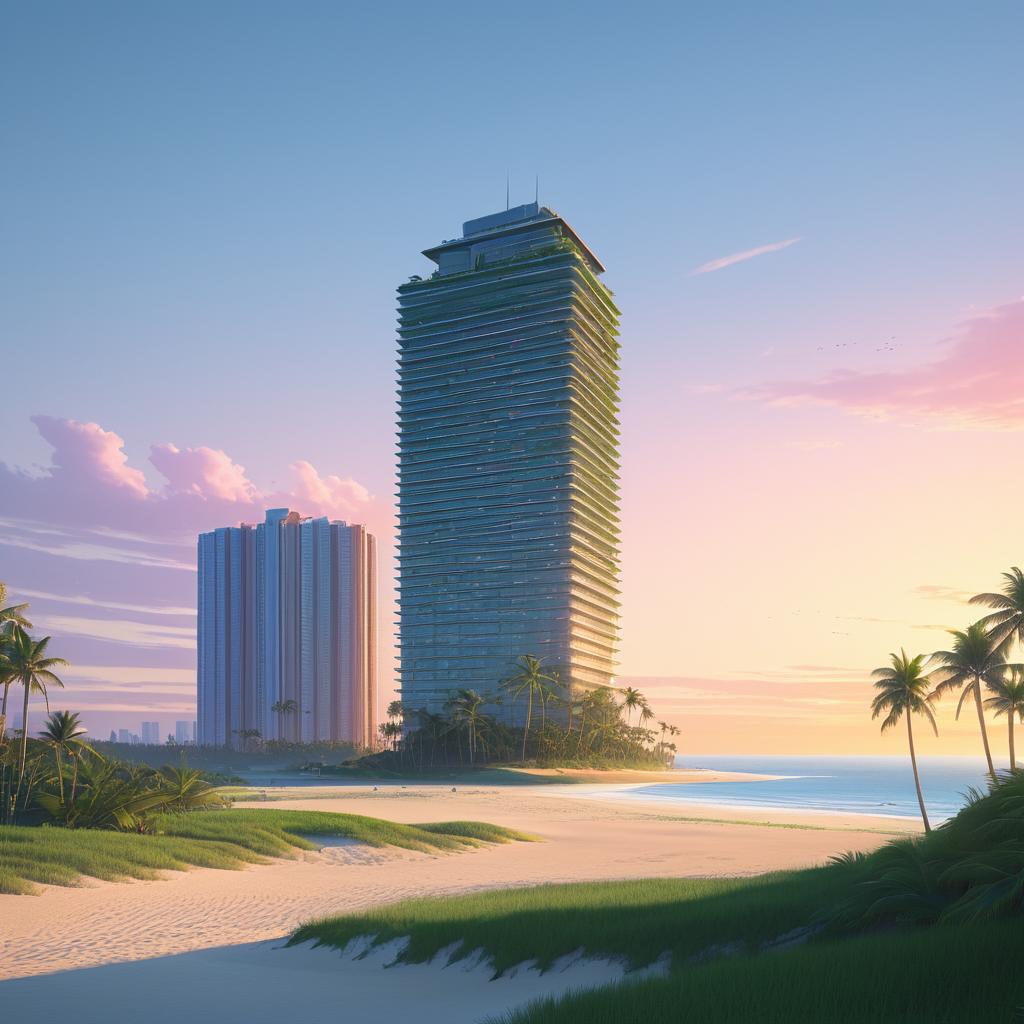 Epic Skyscraper on Sandy Beach at Sunset