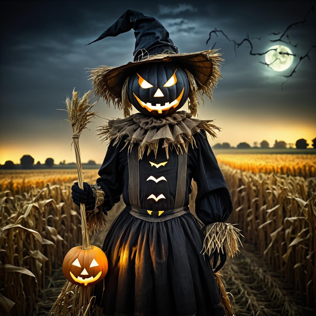 Eerie Halloween Scarecrow in Cornfield