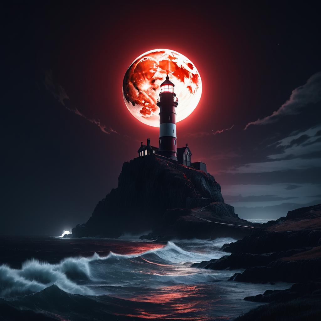 Eerie Lighthouse Under the Blood Moon