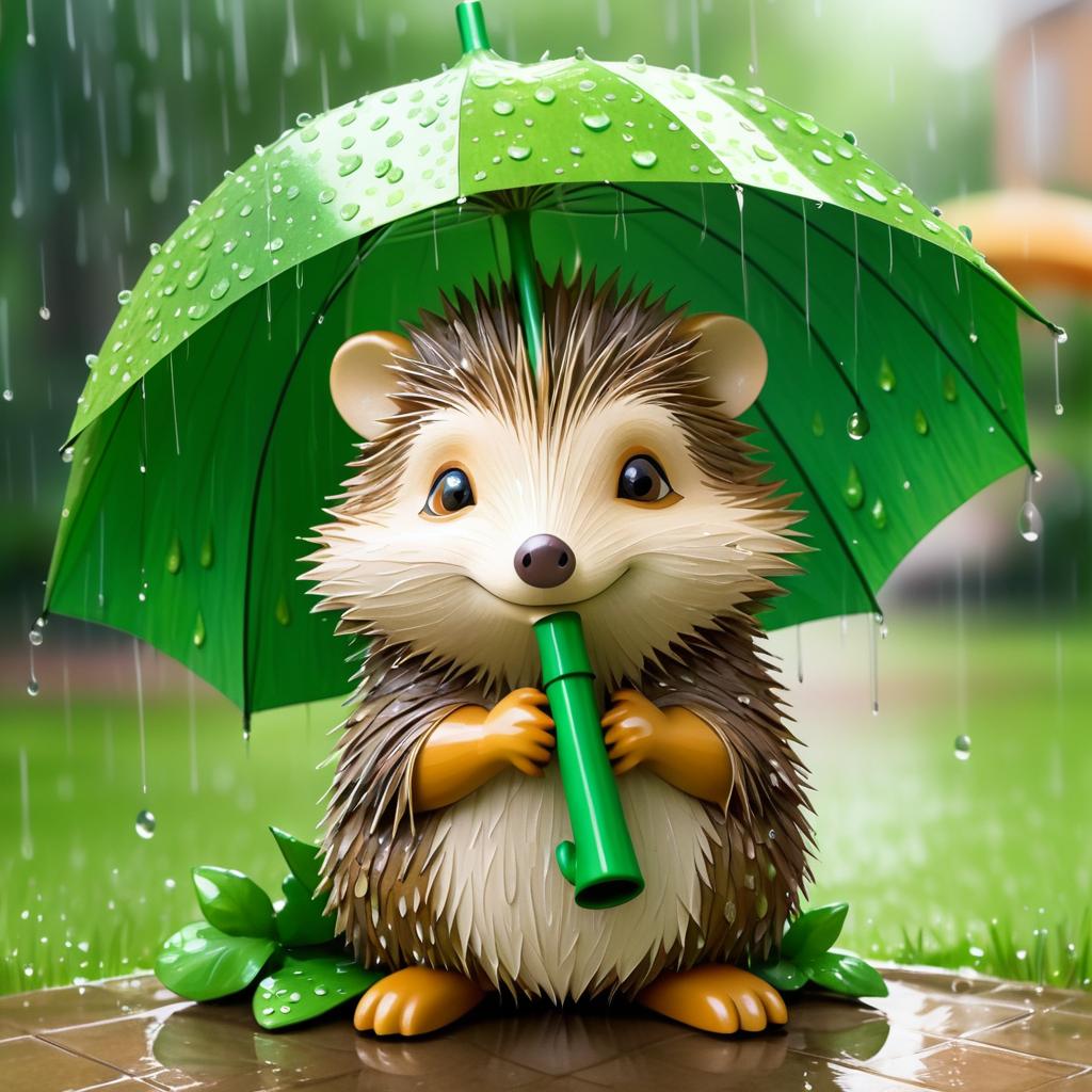 Charming Hedgehog Under Rainy Umbrella