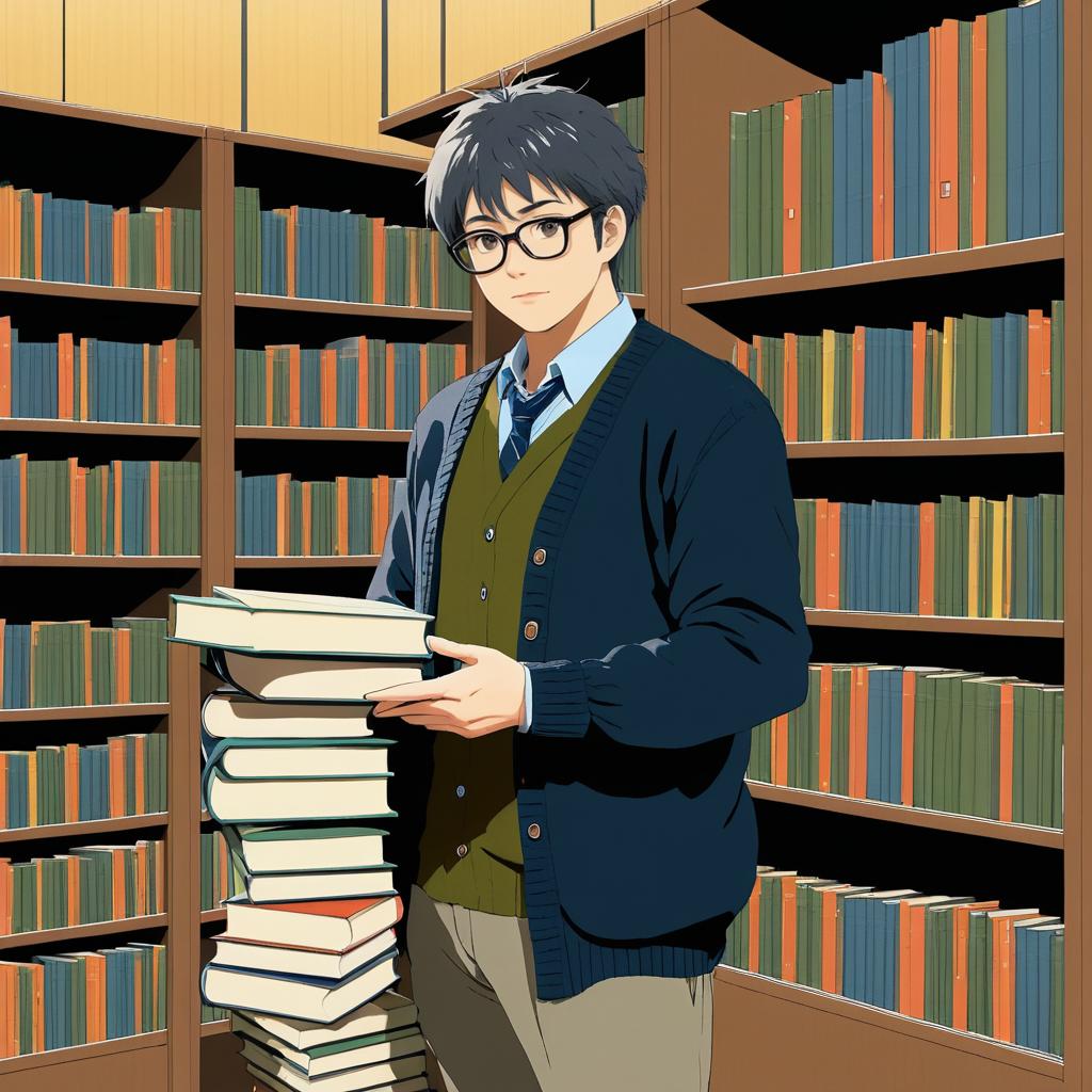 Nervous Librarian in Humorous Anime Style