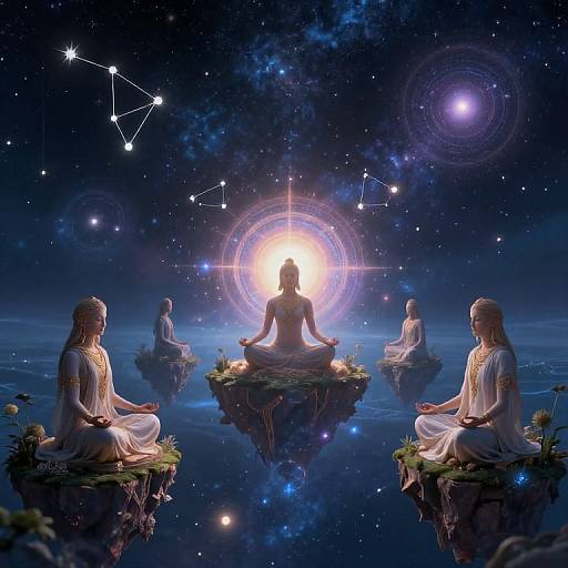 Digital artwork of five silhouetted women meditating on floating islands, surrounded by a cosmic sky with stars, constellations, and a glowing