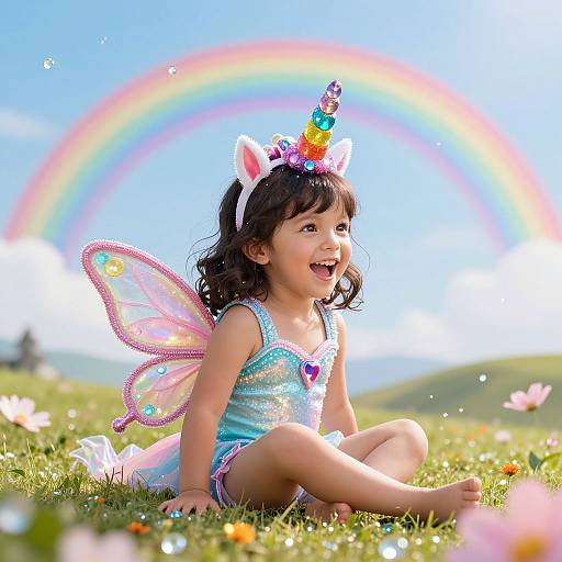 Photograph of a smiling toddler girl in a sparkly blue fairy costume with rainbow unicorn horn, pink wings, and white cat ears, sitting in a