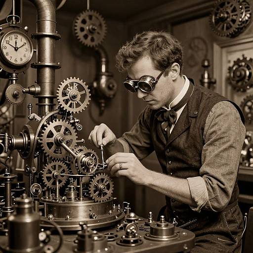 Vintage photograph of a man in goggles and vest, meticulously adjusting intricate steam-powered clockwork machinery with numerous gears in a dimly lit workshop.