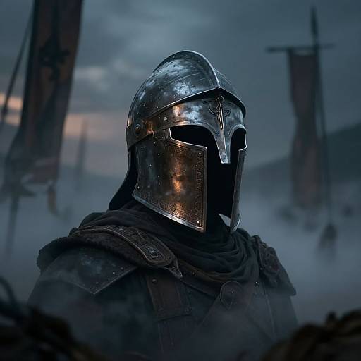 Mysterious armored warrior in reflective silver helmet and dark cloak, standing in misty, twilight battlefield with flags in background. Photorealistic digital art.