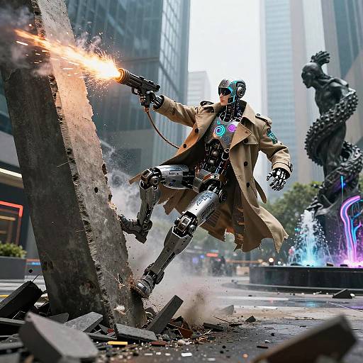 Futuristic Android Firing Coilgun in Urban Ruins