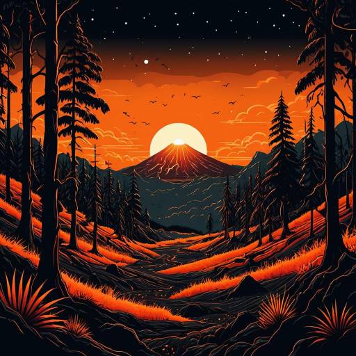 Surreal Volcanic Forest at Sunset