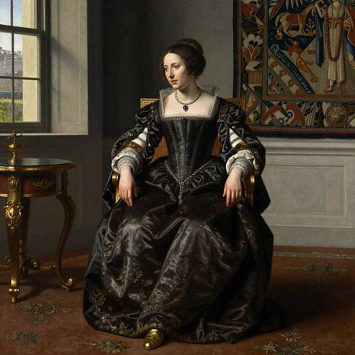 Baroque-style digital painting of a regal woman in a black, ornate gown, seated in a dimly lit room with intricate tapestry and
