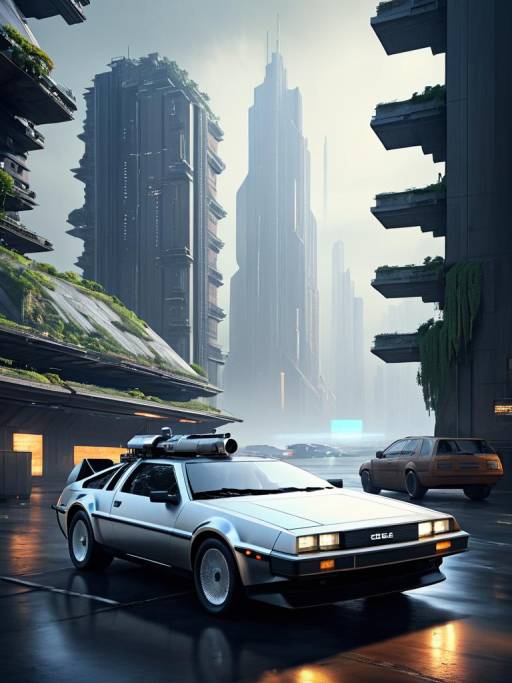 Futuristic DeLorean in Sci-Fi Landscape