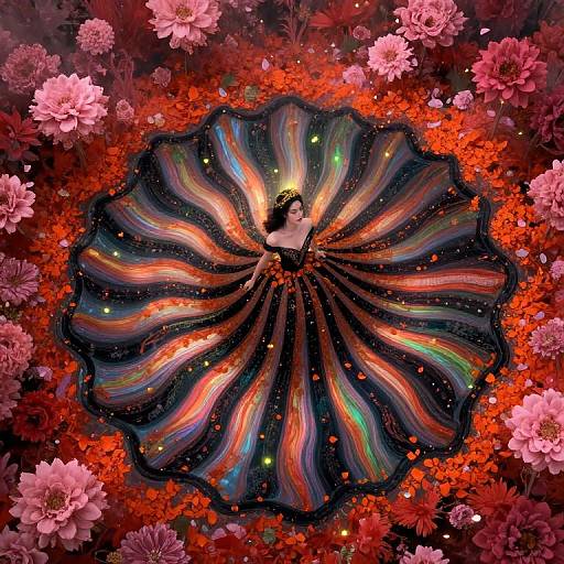 Digital artwork of a woman with flowing, multicolored, starry dress surrounded by vibrant pink and red flowers, creating a surreal, magical garden scene