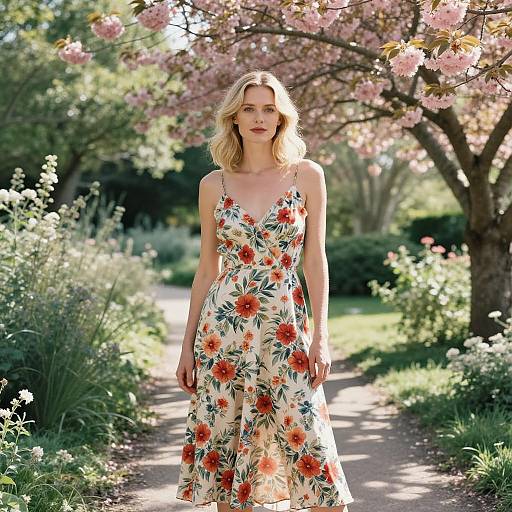 Blonde Woman in Floral Sundress on Garden Path