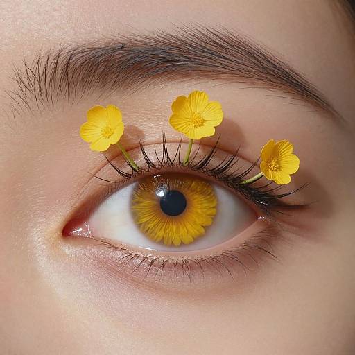 Close-up photograph of a human eye with a yellow iris, adorned with three small yellow flowers resting on the eyelashes.