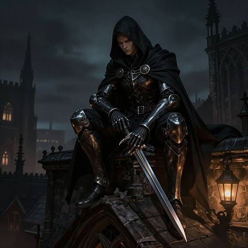 Detailed Warforged Rogue on Gothic Rooftop