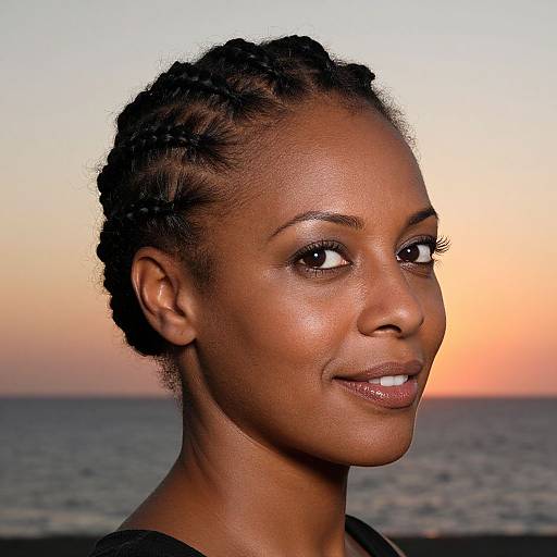 Photograph of a smiling African-American woman with braided hair, glowing skin, and subtle makeup, against a sunset ocean backdrop.