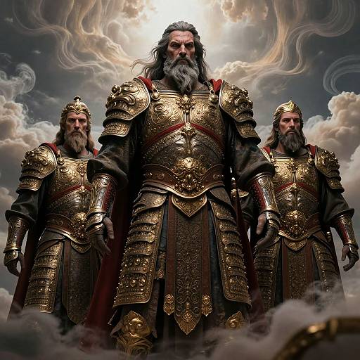 Digital artwork of three bearded, armored men with golden, ornate suits, standing in a dramatic, cloudy sky with a glowing sun behind them.