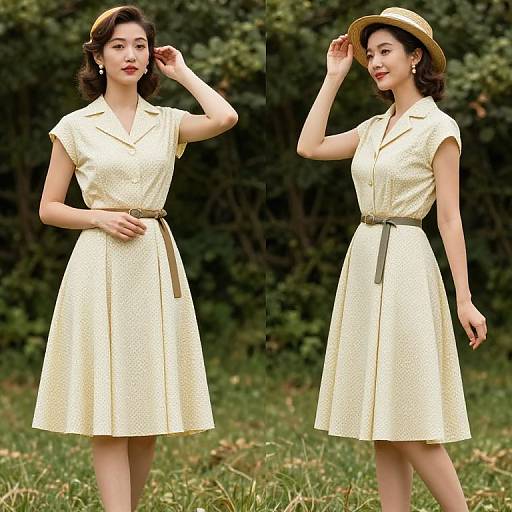 Photograph of an Asian woman in a vintage, cream-colored, short-sleeved, polka-dot dress with a brown belt and straw hat,