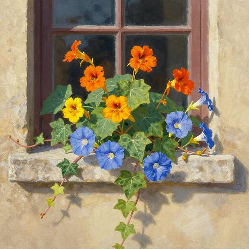Botanical Window with Nasturtiums and Morning Glories