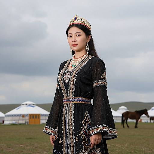 Photograph of an East Asian woman in traditional black embroidered dress, ornate headpiece, necklace, standing in open field with yurts and horse