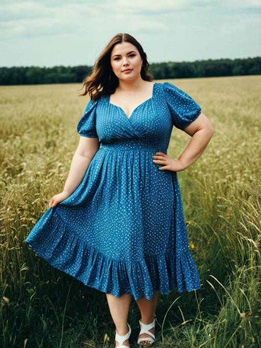 Plus Size Woman in Blue Summer Dress in Field