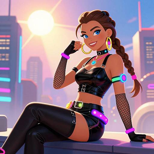 Digital illustration of a smiling, brown-skinned woman with blue eyes, braided brown hair, wearing a black leather crop top, shorts, fishnet