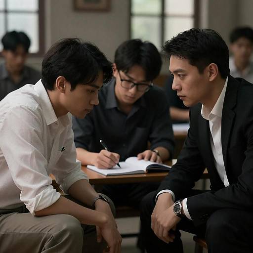 Three Men in a Dimly Lit Room