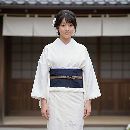 Photograph of a young Japanese woman in a white kimono with a black obi, standing in front of a traditional wooden building. Black hair,
