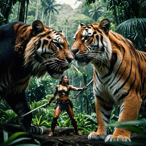 Amazon Warrior Facing Giant Jungle Tigers