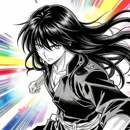 Dynamic anime-style digital drawing of a fierce, long-haired girl with black hair and intense eyes, wearing a dark outfit, with vibrant rainbow light trails in