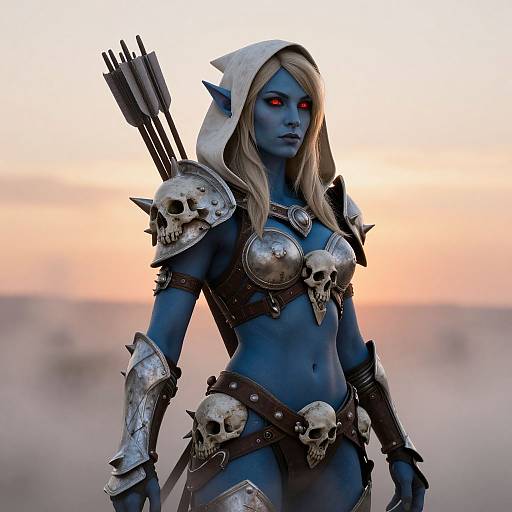 Digital painting of a blue-skinned, red-eyed elf warrior with blonde hair, wearing skull-adorned armor, quiver of arrows on her back