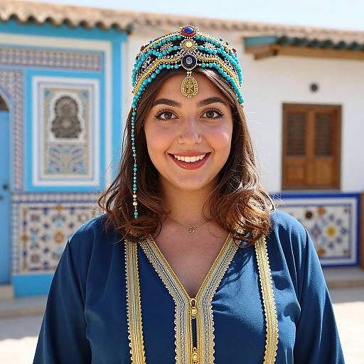 Photograph of a smiling young woman with brown hair, wearing a blue embroidered robe and turquoise beaded headpiece, standing in front of a colorful,