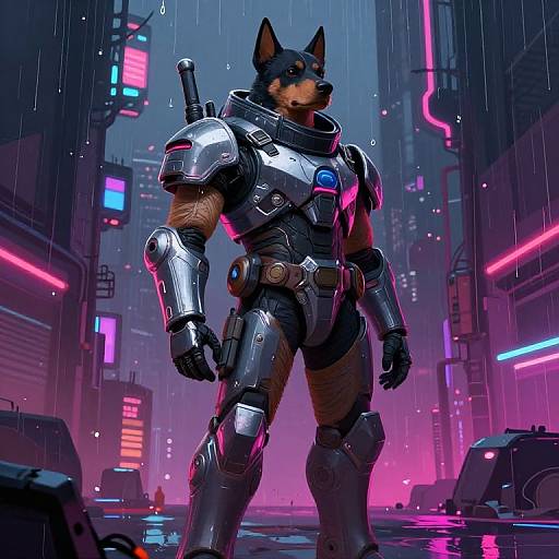 Digital art of a muscular, anthropomorphic Doberman in futuristic, silver armor standing in a neon-lit, rainy cybercity street.