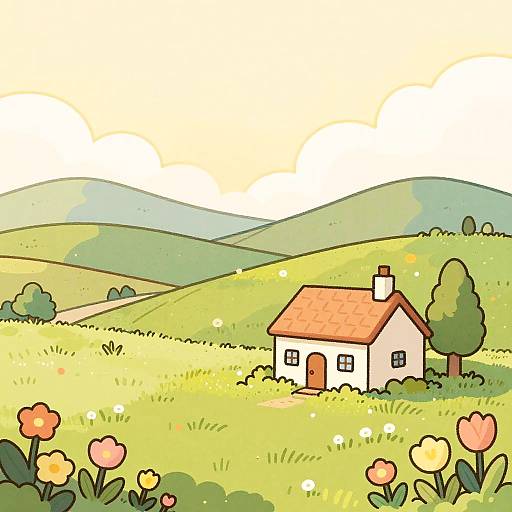 Colorful digital illustration of a quaint, red-roofed house in a sunny, rolling green meadow with hills, flowers, and a bright sky