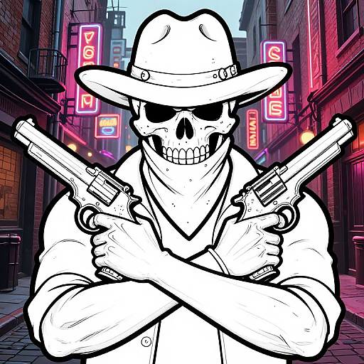 Digital drawing of a skull in a white hat and jacket, crossing arms with crossed guns, neon signs in a city alley.