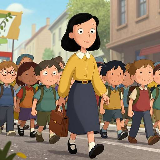 Digital cartoon of a black-haired woman in a yellow blouse and blue skirt, leading a group of smiling children on a sunny street.