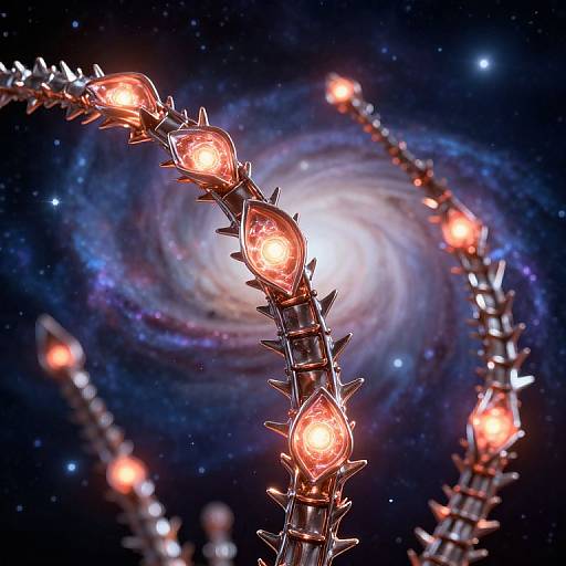Photorealistic CGI of glowing, spiked tendrils curving around a vibrant, swirling galaxy, set against a star-filled, deep space background.