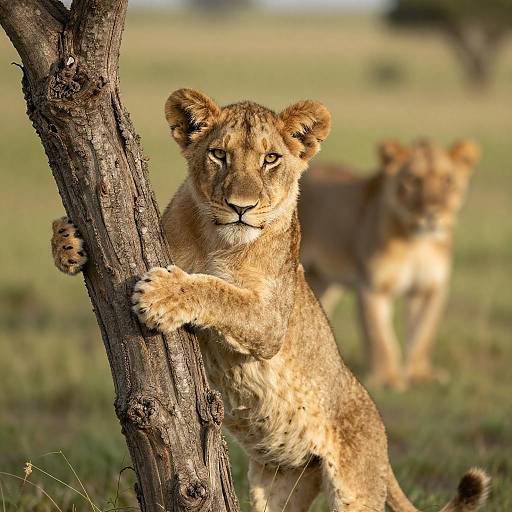 Young Lion Cub Clinging to Tree