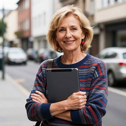 Smiling Middle-Aged Woman Holding Tablet