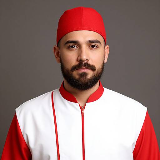 Photograph of a bearded man with medium skin tone, wearing a red cap and red jacket with a white vest, against a gray background.