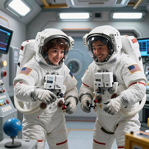 Photograph of two smiling female astronauts in white space suits with American flags, inside a brightly lit spacecraft control room.