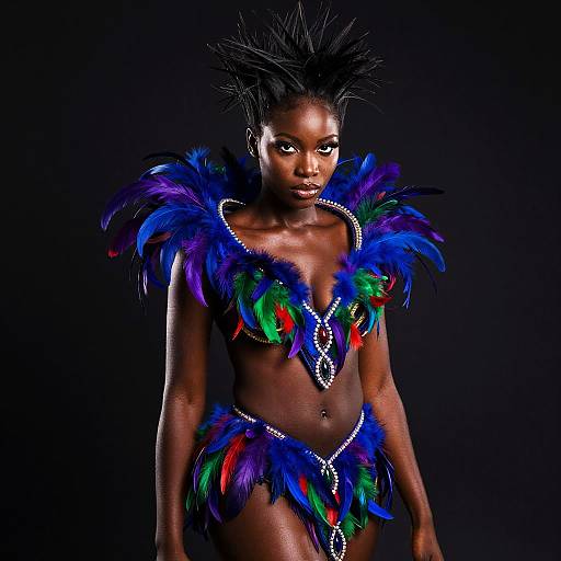 Confident African Woman in Feathered Outfit