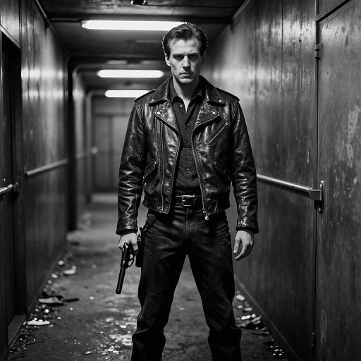 Black-and-white photograph of a serious-looking man in a leather jacket, holding a gun, standing in a dim, narrow, dirty corridor.