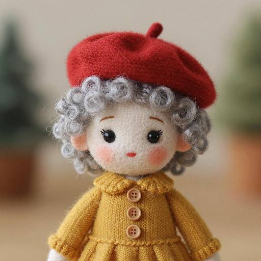 Photograph of a handcrafted doll with curly gray hair, red beret, and yellow knitted dress, with blushing cheeks and black eyes.