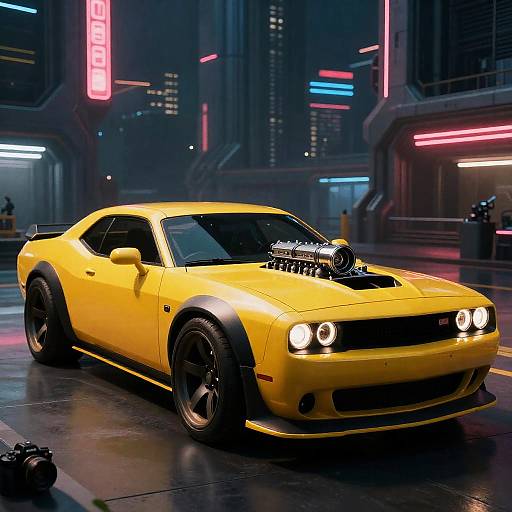 Futuristic Yellow Muscle Car with Cybernetic Modifications
