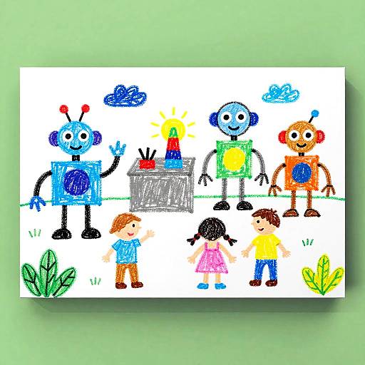 Kids' Crayon Drawing of Robot Factory
