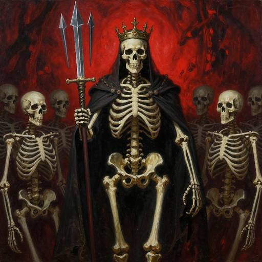 Digital artwork of a skeletal king wearing a crown, black cape, holding a trident, surrounded by six skeletons against a red, fiery background.