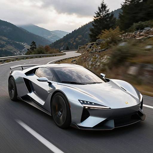 Photograph of a sleek, silver Lamborghini Huracán driving on a winding mountain road with a misty, forested background. Bright headlights,